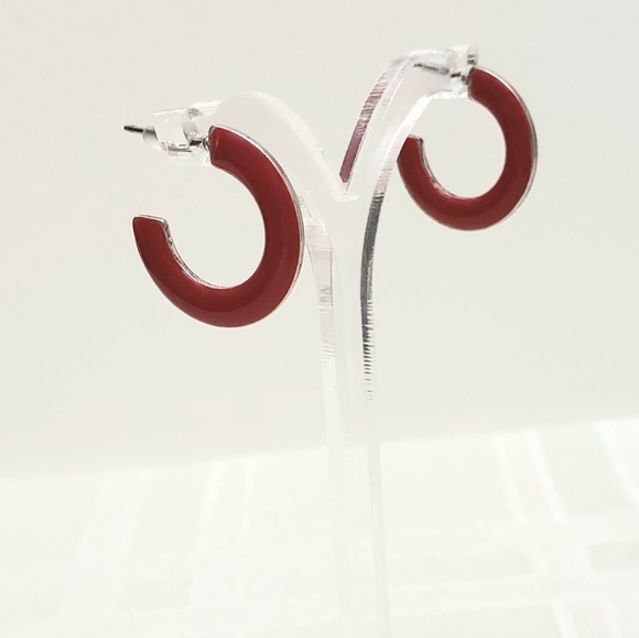 Red Enamel Skinny Huggie Post Hoops Vintage - Picture 4 of 8